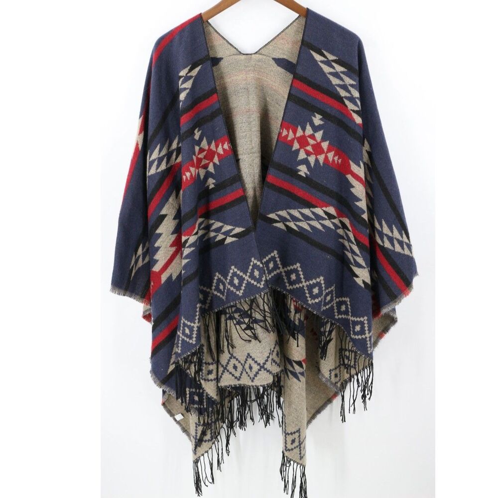 Southwestern Fringe Blanket Scarf Reversible Blue Red Poncho Western